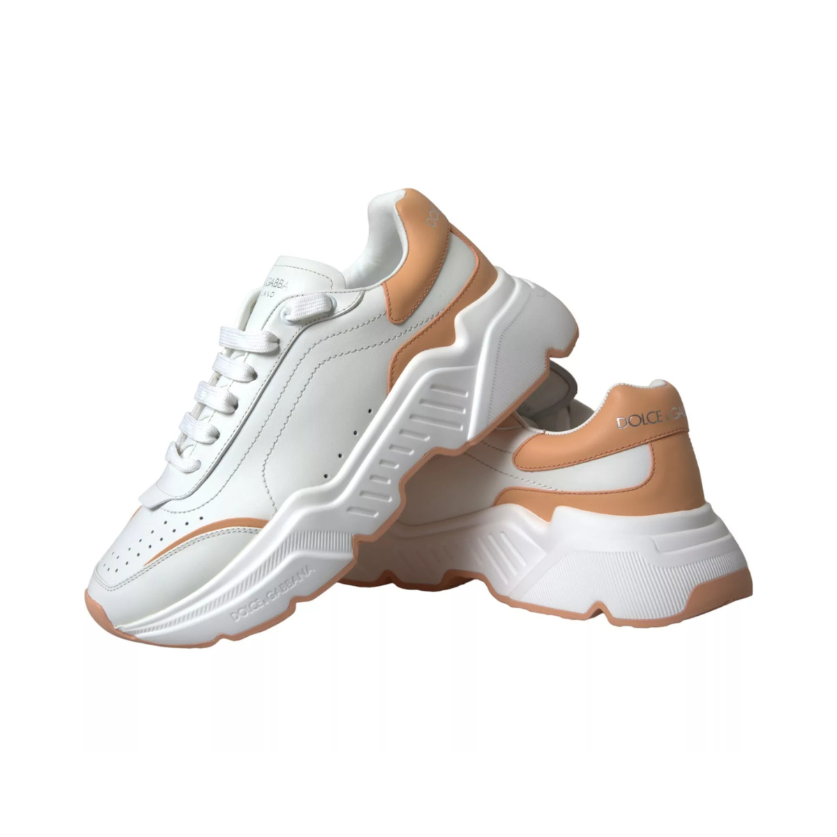 <span class="made-in-italy-label">DOLCE&GABBANA <br> MADE IN ITALY</span> <span class="product-title"><br>WHITE PEACH DAYMASTER LEATHER SNEAKERS SHOES.</span><br></br>